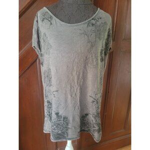 DKNY Jeans Womens XL Gray Floral Graphic Short Sleeve Top Rhinestone Accents